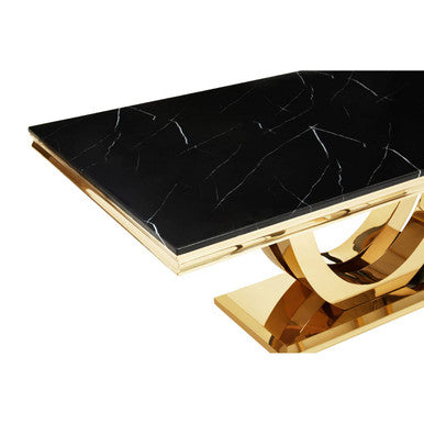 Black Faux Marble Rectangular Top Dining Table with Brushed Gold Geometric Frame, Moda