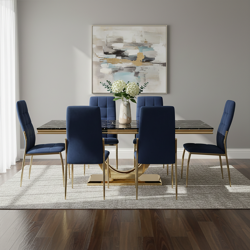 Black Faux Marble Rectangular Top Dining Table with Brushed Gold Geometric Frame, Moda