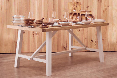 Natural Reclaimed Oak and Birch Wood Rectangular Dining Table with White Painted Base, Parkside