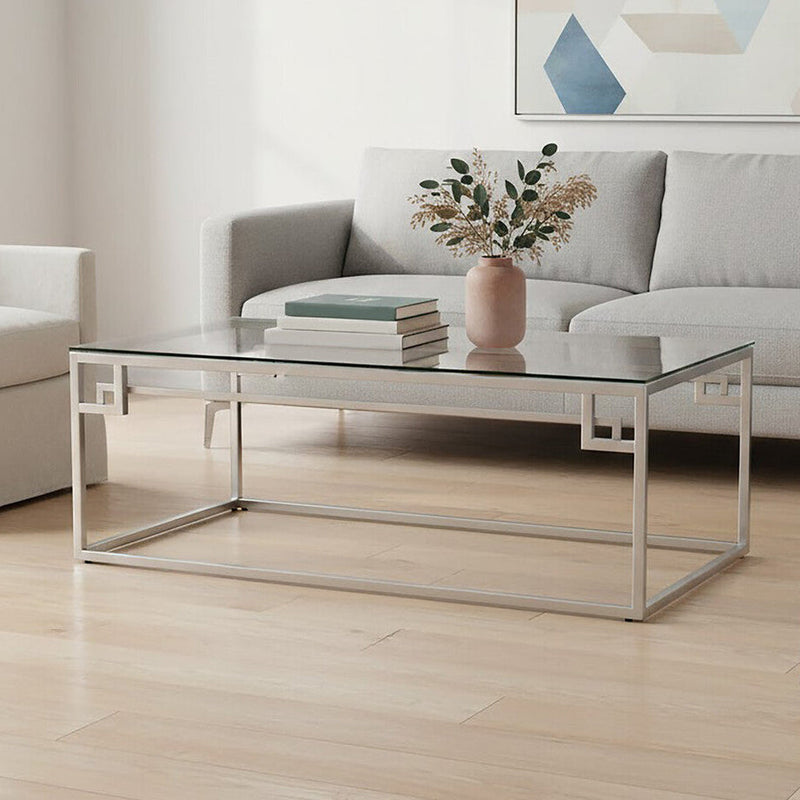Silver Geometric Rectangular Coffee Table with Tempered Glass Top, Allure