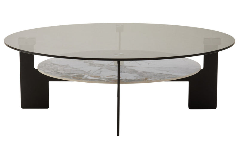 Grey Glass Large Round Top Coffee Table with Marble Effect Ceramic Lower Shelf and Black Metal Frame, Imperia