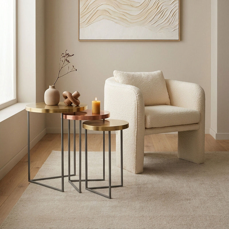 Set of 3 Nesting Side Tables with Warm Metallic Round Tops and Grey Metal Bases, Korba