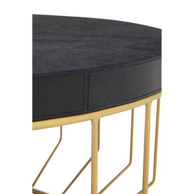 Black Hair-On-Hide Leather Round Top Coffee Table with Geometric Gold Metal Frame, Kensington Townhouse