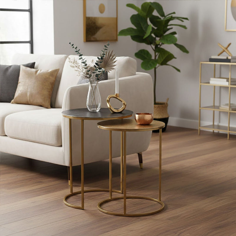 Nest of 2 Gold and Zinc Side Tables with Luxe Gold Steel Frames, Amira