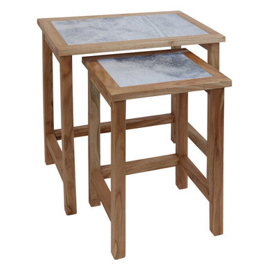 Set of 2 Large White Marble Top Nesting Side Tables with Natural Wood Frames, Womad