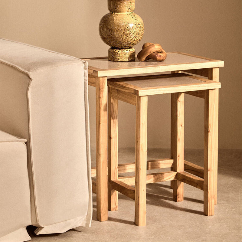 Set of 2 Large Cream Marble Top Nesting Side Tables with Natural Wood Frames, Womad