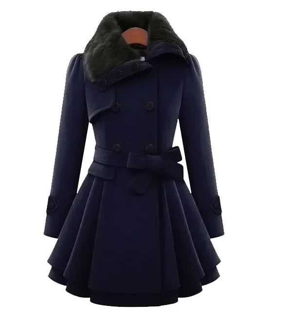 Women's Long Slimming Woollen Jacket Double Row Buttoned Narrow Fit Casual