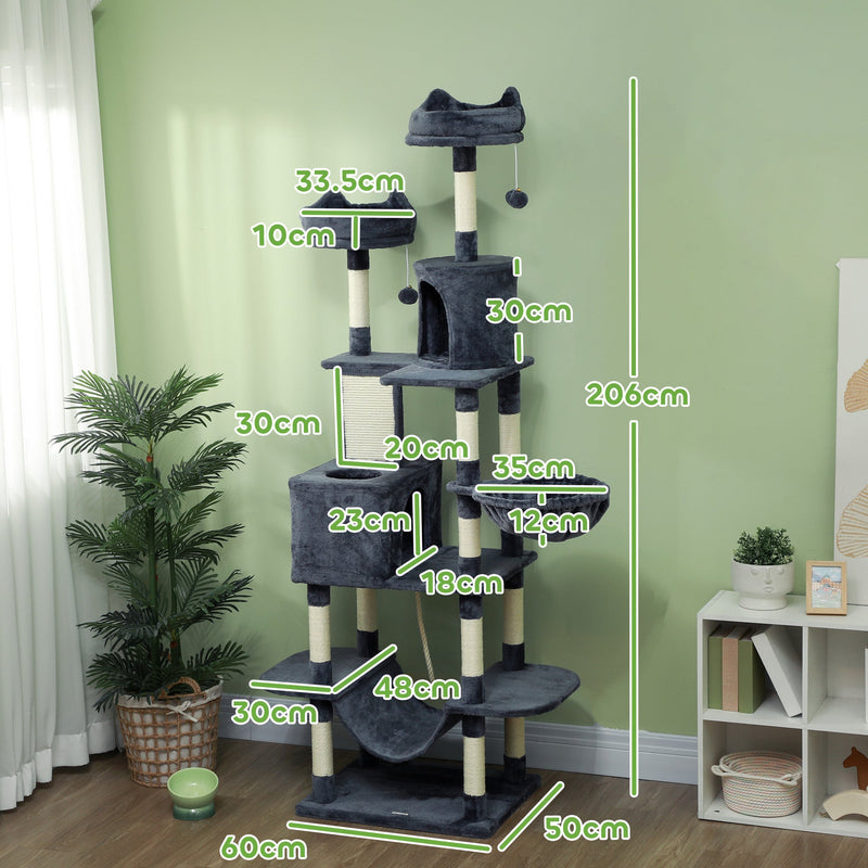 PawHut 206cm Cat Tree, Multi-Level Cat Tower with Scratching Posts and Board, Beds, Condos, Platforms, Toy Balls, Dark Grey