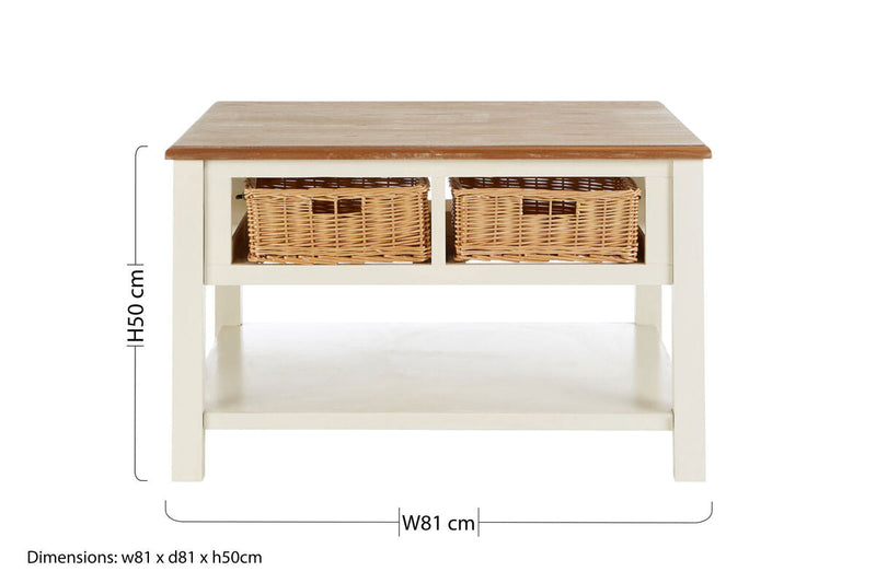 Cream Wood Coffee Table with 2 Rattan Storage Baskets, Dorset