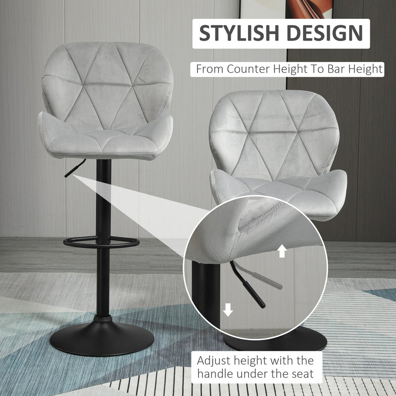 HOMCOM Adjustable Bar Stools Set of 2, Armless Upholstered Swivel Counter Chairs, Barstools with Back, Footrest, Light Grey