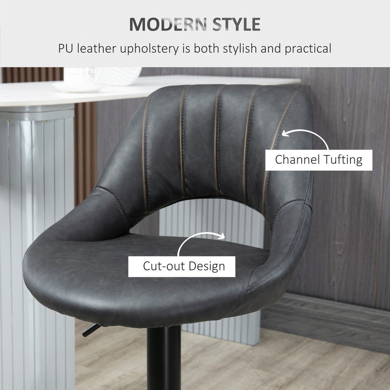 HOMCOM Bar Stools Set of 2, Swivel Counter Height Barstools with Back, Adjustable PU Leather Bar Chairs, Modern Armless Kitchen Island Stool, Dark Grey