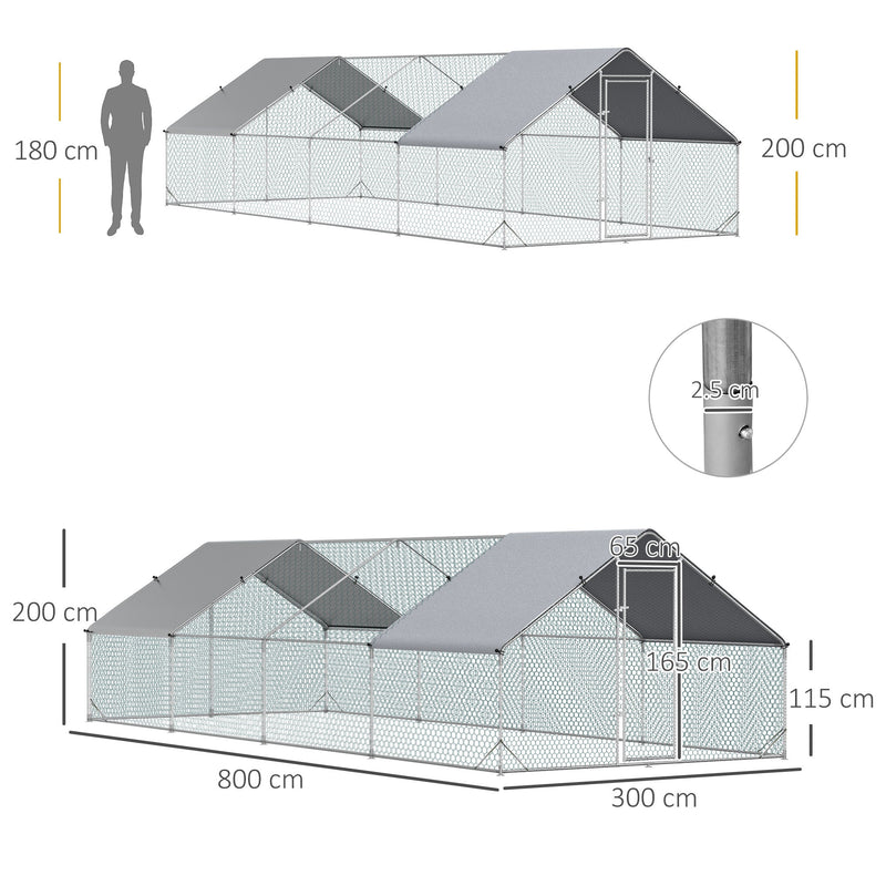 PawHut Chicken Run Galvanised Walk-in Chicken Coop Hen Poultry House Cage Rabbit Hutch with Water-Resist Cover, 3 x 8 x 2m