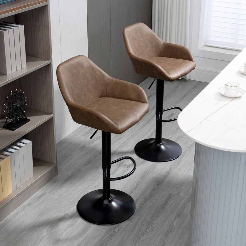 HOMCOM Bar Stools Set of 2, Height Adjustable Swivel Barstools, PU Leather Kitchen Stools with Backs, Armrests and Footrest for Home, Counter and Dining Room, Dark Brown