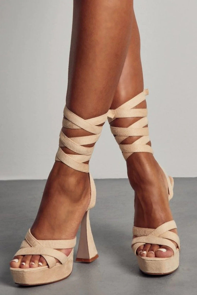 Women's Suede Platform Tie Up Flare Heels in Black and Nude - The Shoe Box Boutique