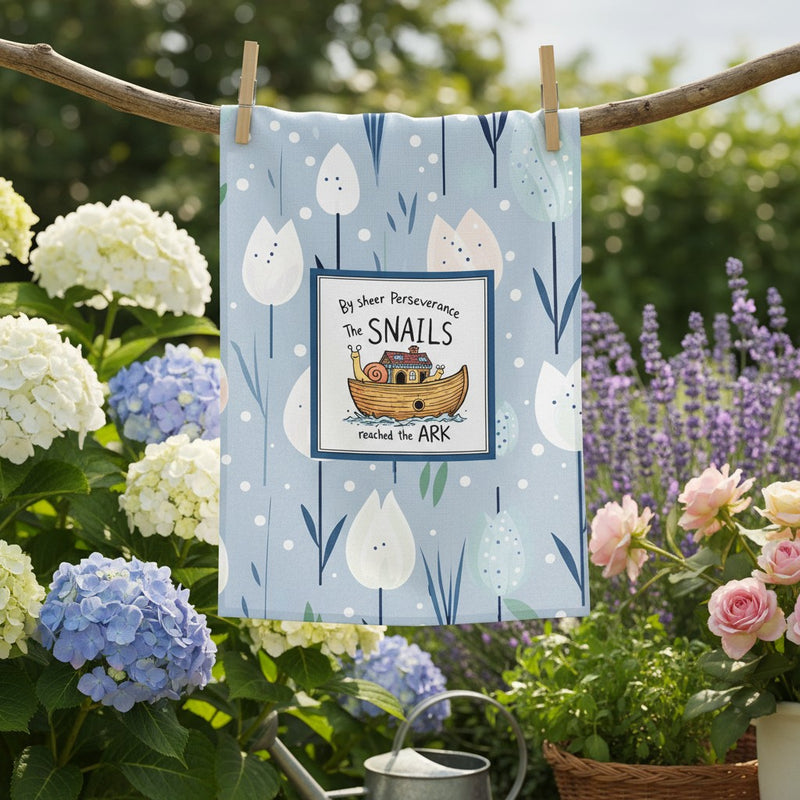 By shear perseverance the snails reach the ark tea towel
