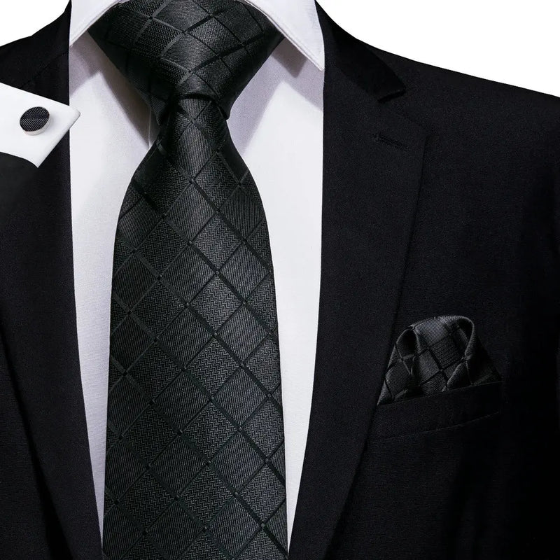 Black Check Pattern Silk Tie - With Matching Cufflinks & Pocket Square