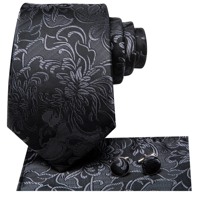 Black Floral Design Silk Tie - With Matching Cufflinks & Pocket Square