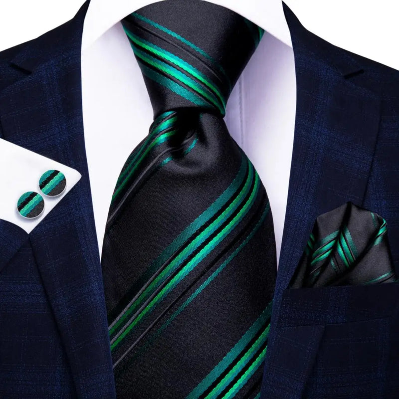 Black and Green Striped Silk Tie - With Matching Cufflinks & Pocket Square