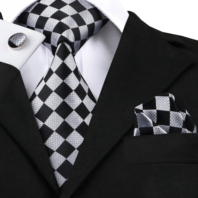 Black and Silver Check Pattern Silk Tie - With Matching Cufflinks & Pocket Square