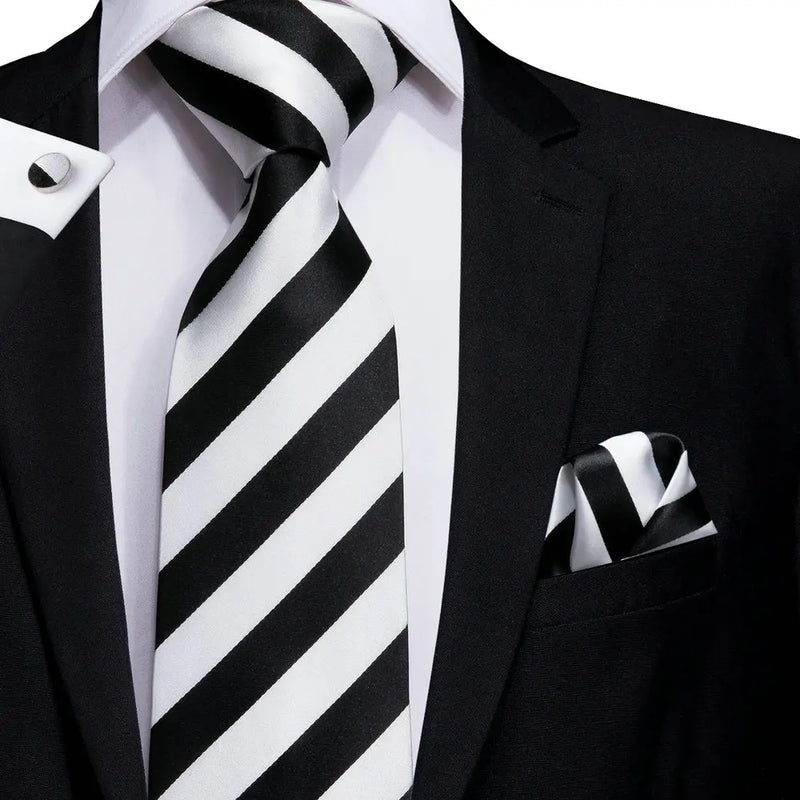 Black and White Striped Silk Tie - With Matching Cufflinks & Pocket Square