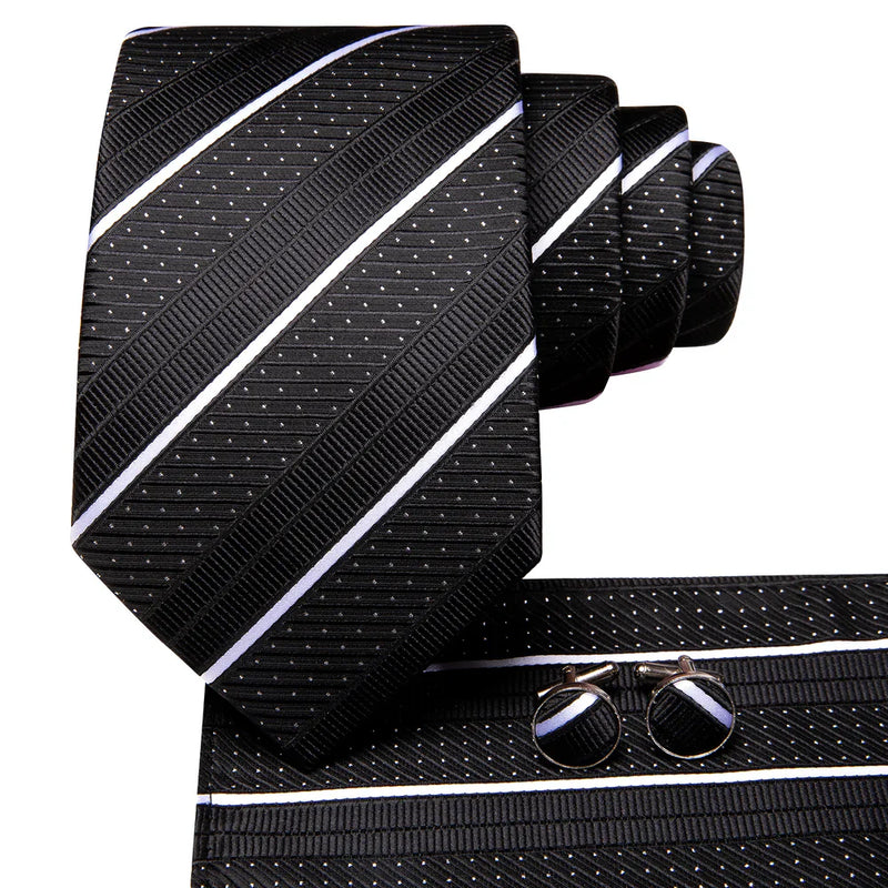 Black and White Striped Silk Tie - With Matching Cufflinks & Pocket Square
