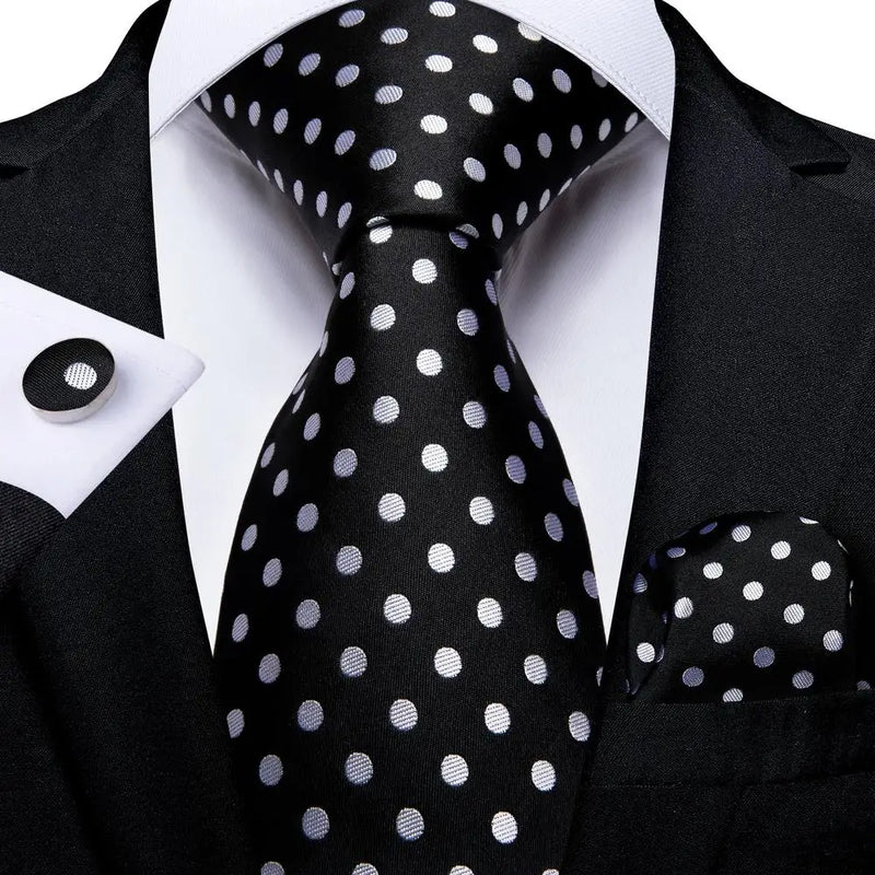 Black and Silver Polka Dot Silk Tie - With Matching Cufflinks & Pocket Square
