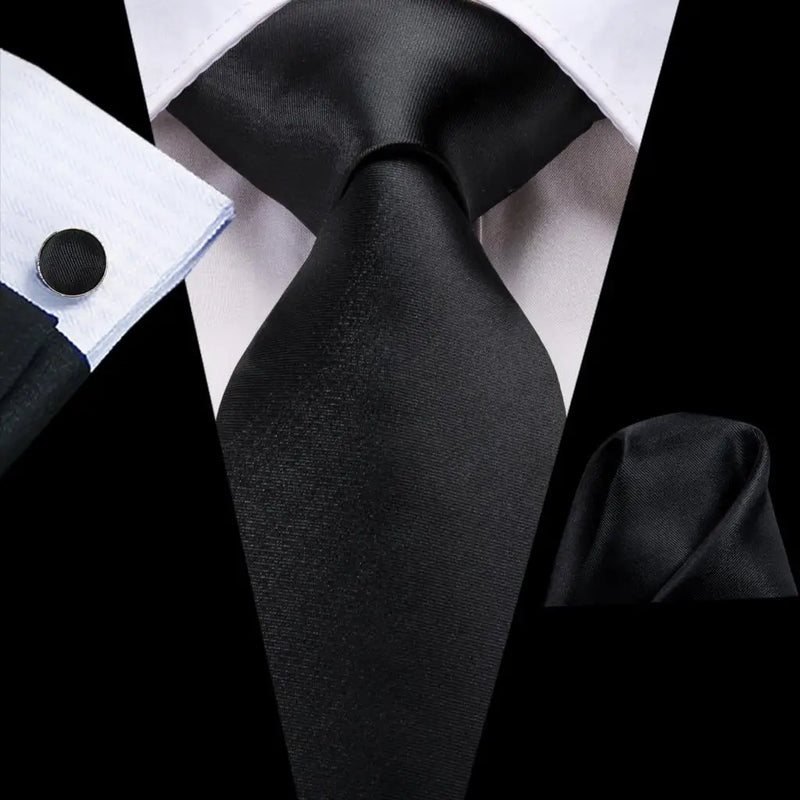 Solid Black Silk Tie - With Matching Cufflinks & Pocket Square