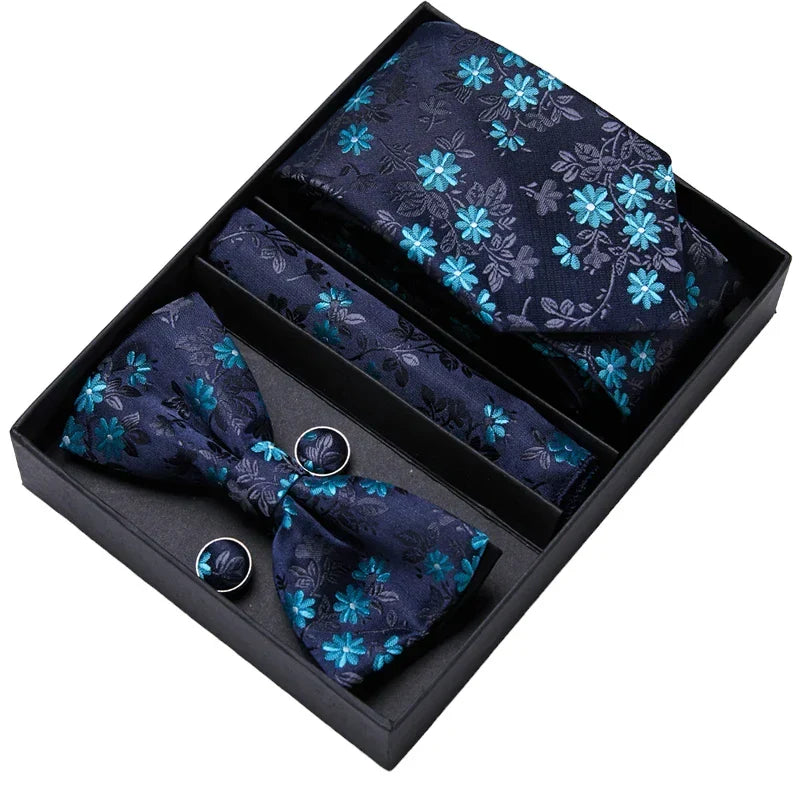 Men's Gift Set - Blue Floral Design Tie, Bow Tie, Pocket Square and Cuff Links