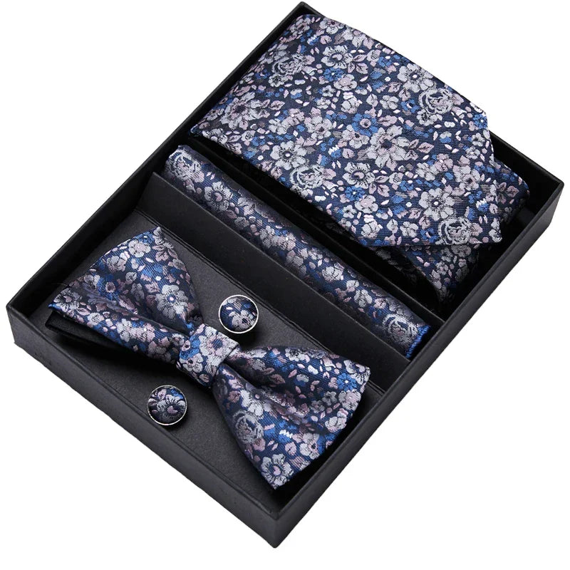 Men's Gift Set - Blue Floral Pattern Tie, Bow Tie, Pocket Square and Cuff Links