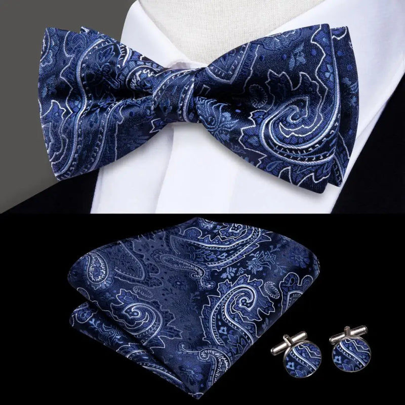 Blue Paisley Bow Silk Tie - With Matching Cufflinks & Pocket Square