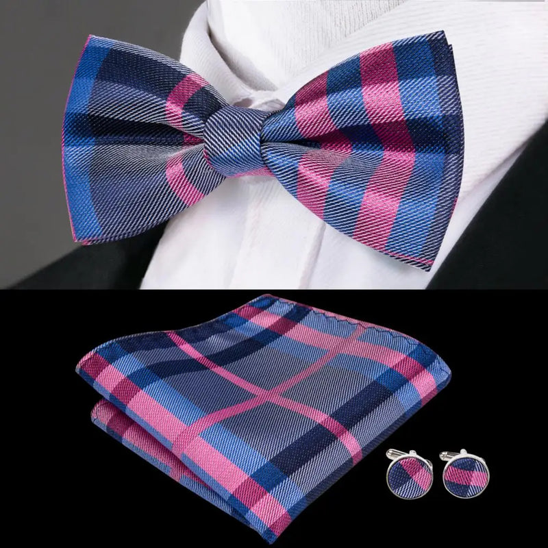 Blue and Pink Check Bow Silk Tie - With Matching Cufflinks & Pocket Square
