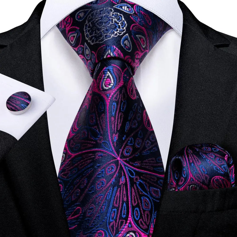 Blue and Pink Paisley Silk Tie - With Matching Cufflinks & Pocket Square