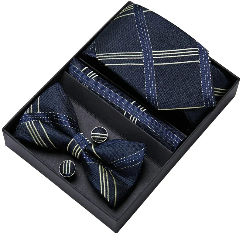 Men's Gift Set - Blue and White Striped Tie, Bow Tie, Pocket Square and Cuff Links