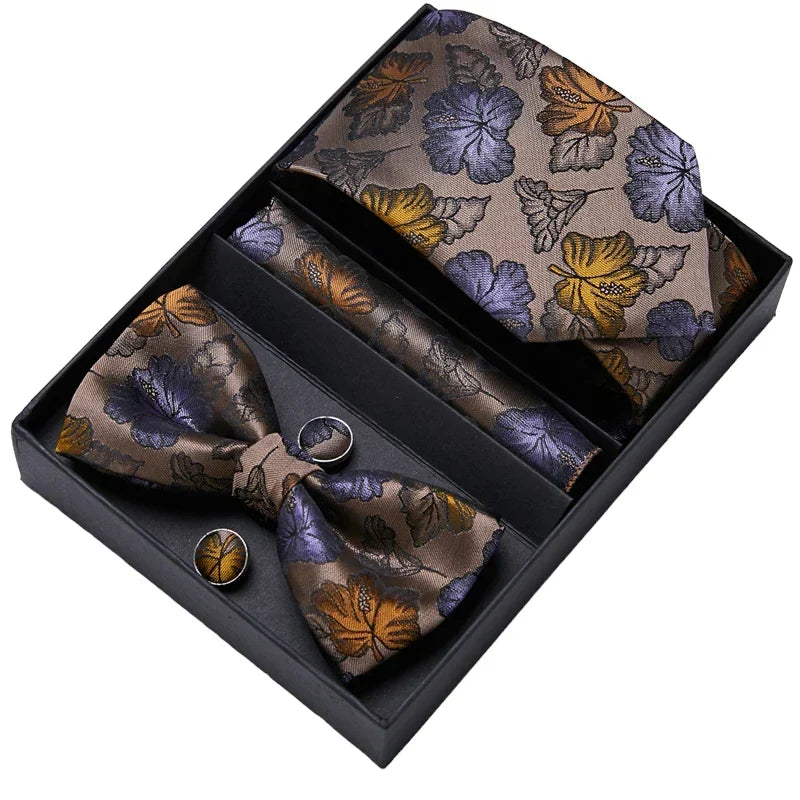 Men's Gift Set - Brown Floral Pattern Tie, Bow Tie, Pocket Square and Cuff Links