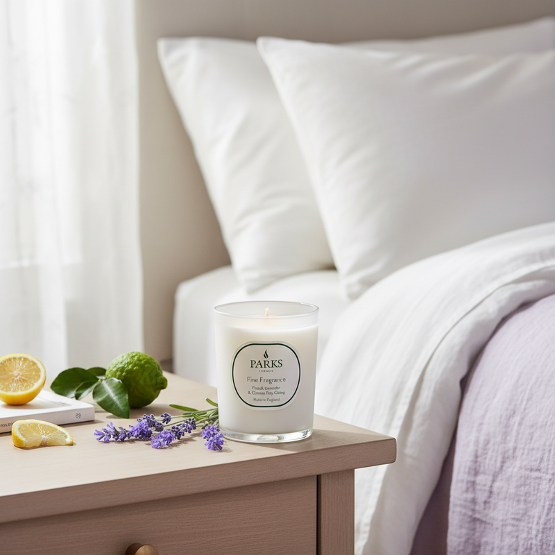 FINE FRAGRANCE 180G CANDLE FRENCH LAVENDER & CHINESE MAY CHANG
