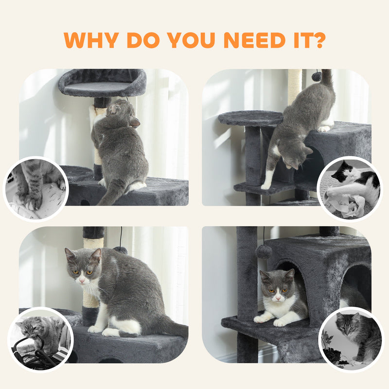 PawHut 140cm Large Cat Tree Tower with Sisal Scratching Posts, Cat Houses, Plush Perches, Hammock, Ladder, Dark Grey