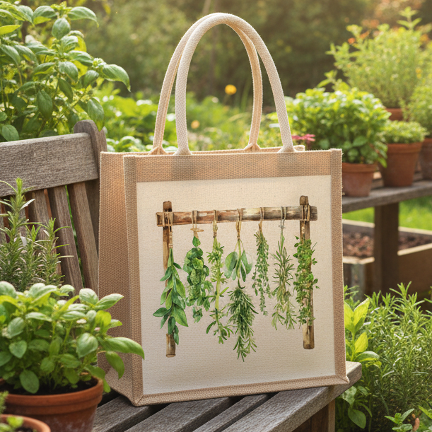 Cozy Cottage Herbs Jute Bag