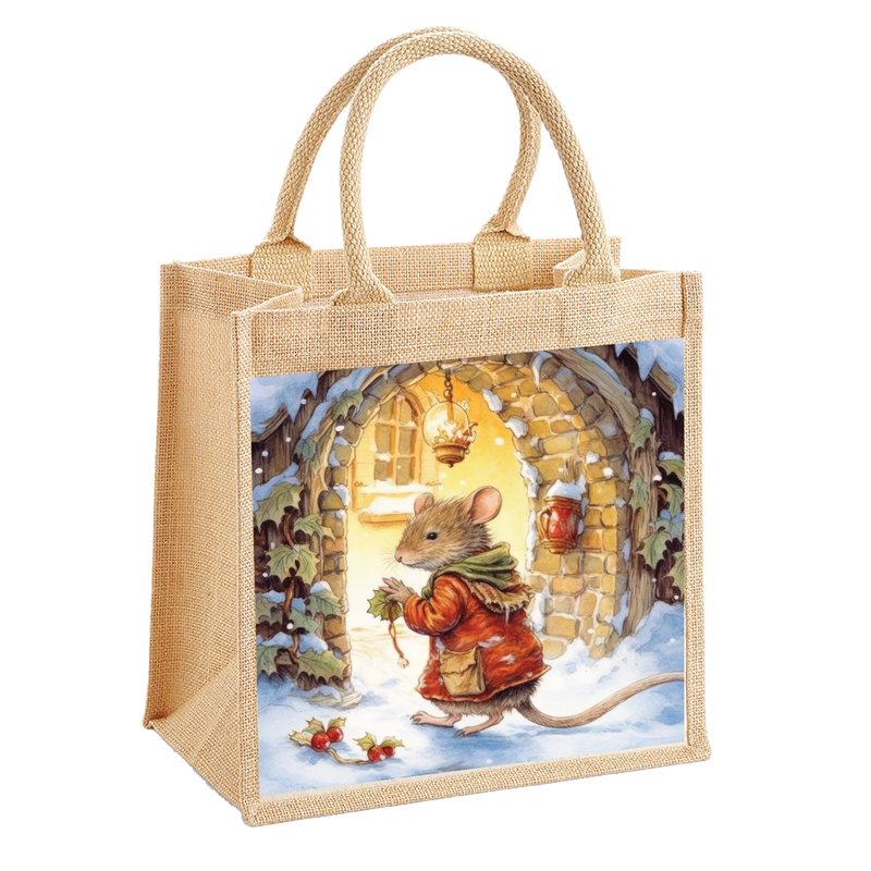 Victorian Christmas Mouse Jute Shopping Bag