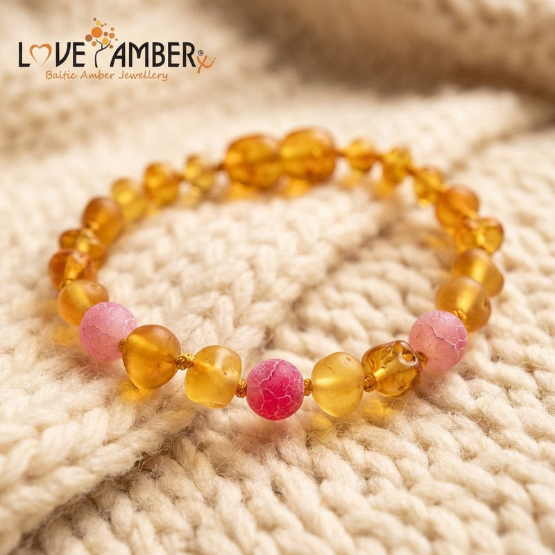 Child Nurture Raw Honey Pink Bead Dragon Agate Baltic Amber Anklet Bracelet