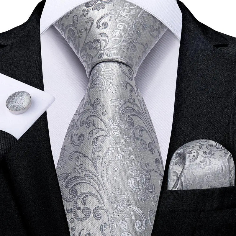 Gray Floral Silk Tie - With Matching Cufflinks & Pocket Square