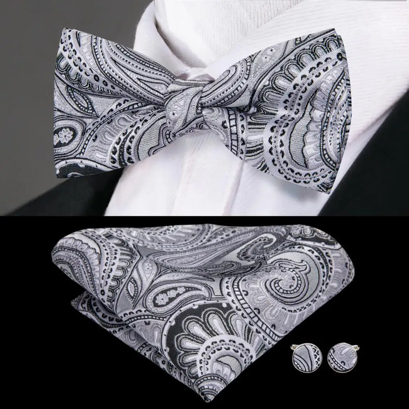 Gray Paisley Bow Silk Tie - With Matching Cufflinks & Pocket Square