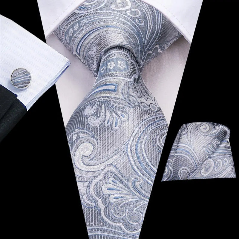 Gray and Blue Paisley Silk Tie - With Matching Cufflinks & Pocket Square