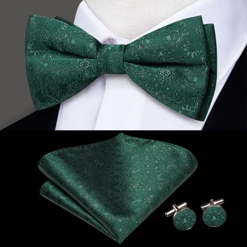 Green Floral Silk Bow Tie - With Matching Cufflinks & Pocket Square