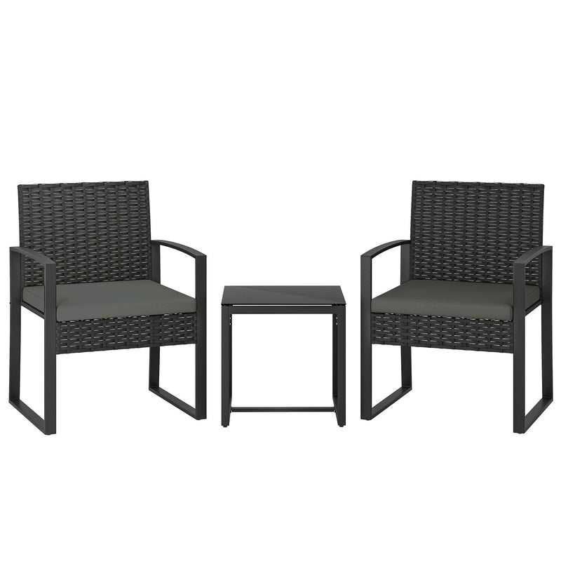 Outsunny Rattan Bistro Set, 3 Piece Garden Furniture Set with Glass Top Table and Cushions, Dark Grey