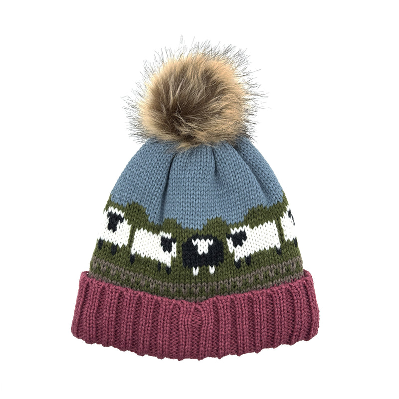 Aran Knitted Pom Pom Sheep Beanie