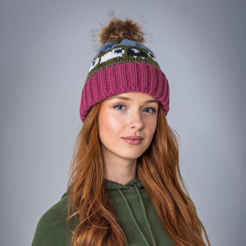 Aran Knitted Pom Pom Sheep Beanie