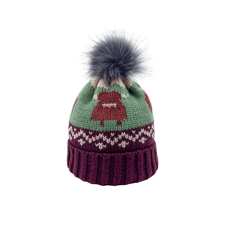 Aran Knitted Pom Pom Cow Beanie