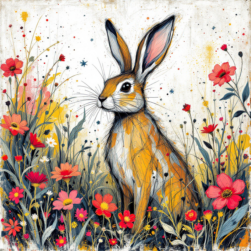Hare and Flowers Fine Art Print