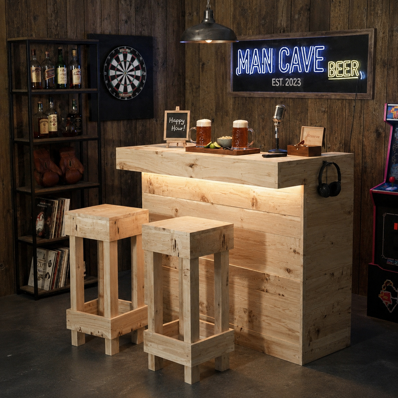 Rustic Wooden Bar & Bar Stools Set - Includes LED's
