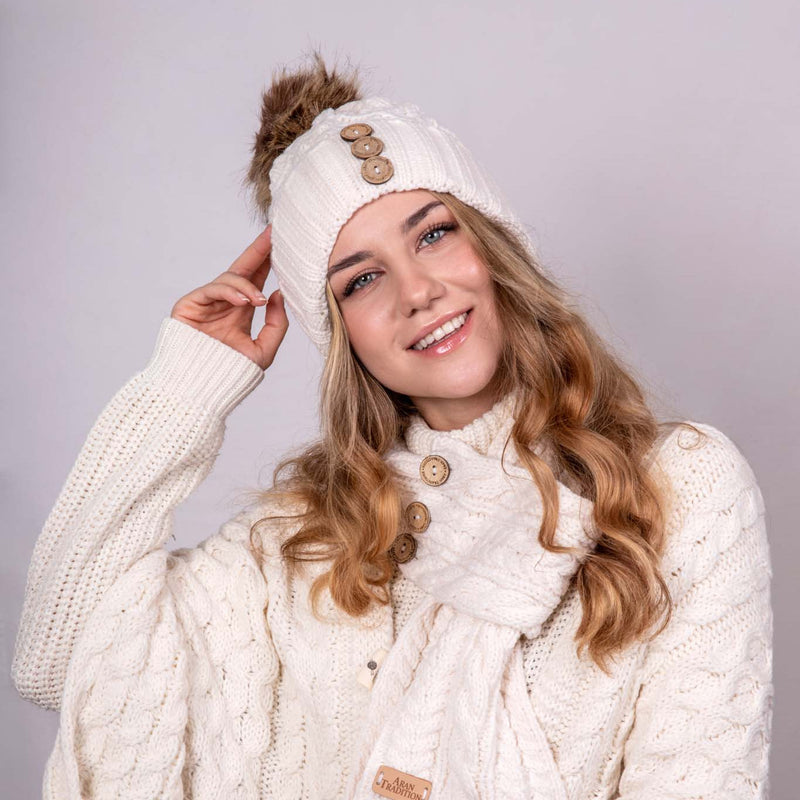 Aran Diamond Cable Button Hat